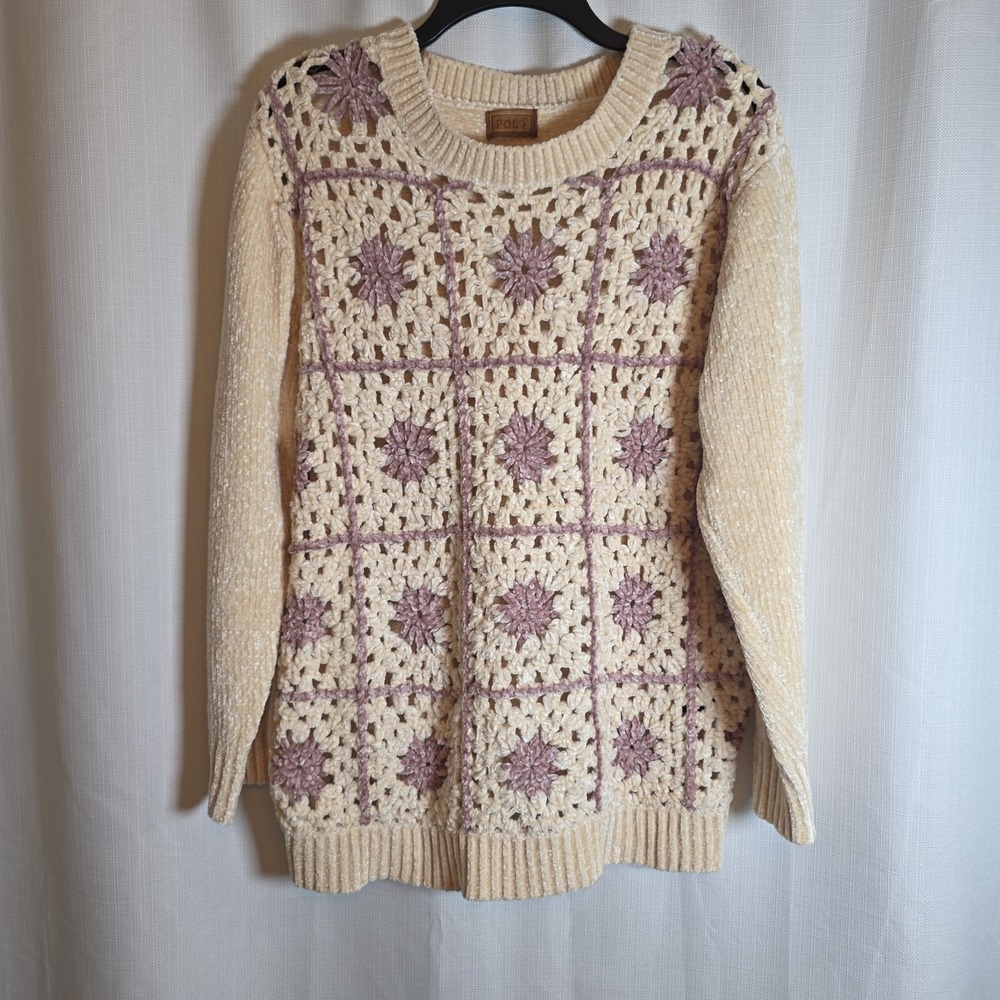 POL Womens Crochet Granny Square Floral Sweater Top Cream Pink Large